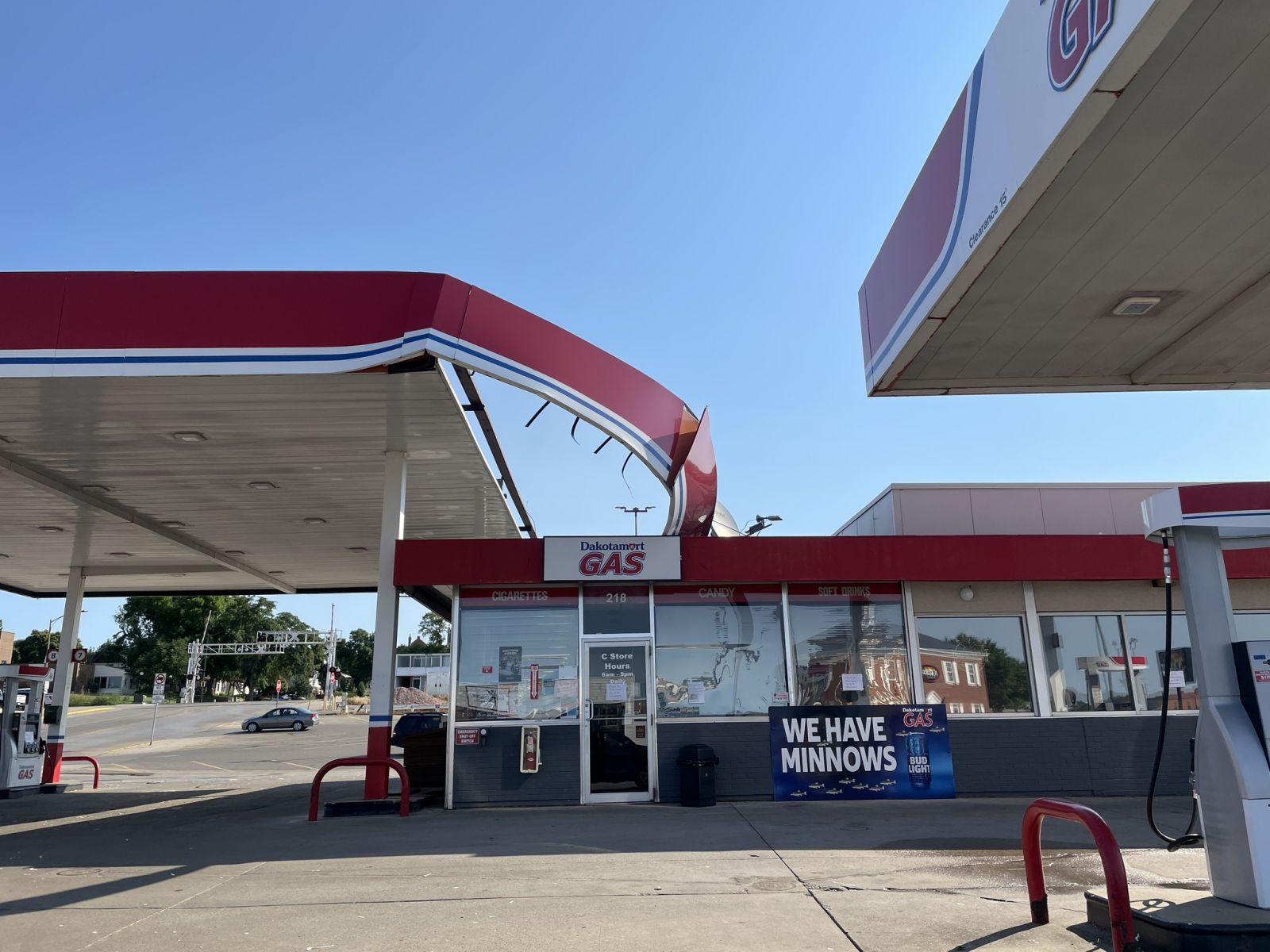Damage to a gas station canopy. Photo credit DRG Media Group.
